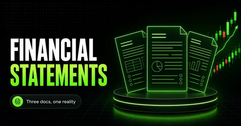 Neon trio of overlapping statement documents beside a FINANCIAL STATEMENTS headline