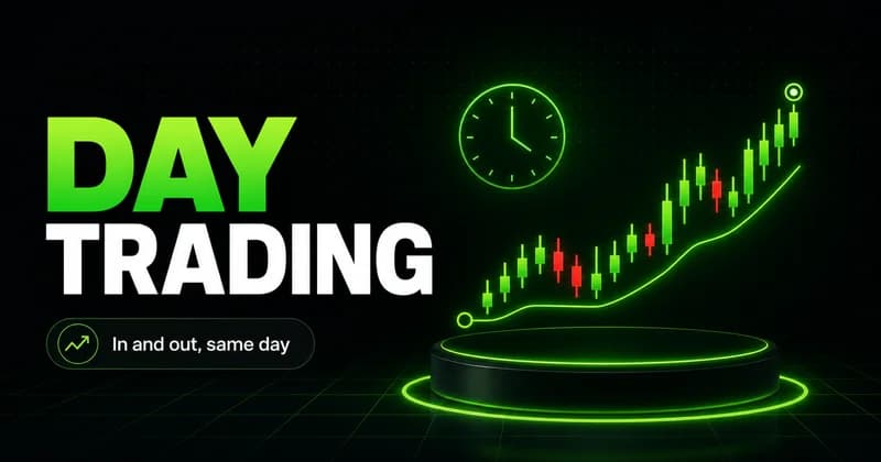 Neon intraday candlestick chart with a clock beside a DAY TRADING headline