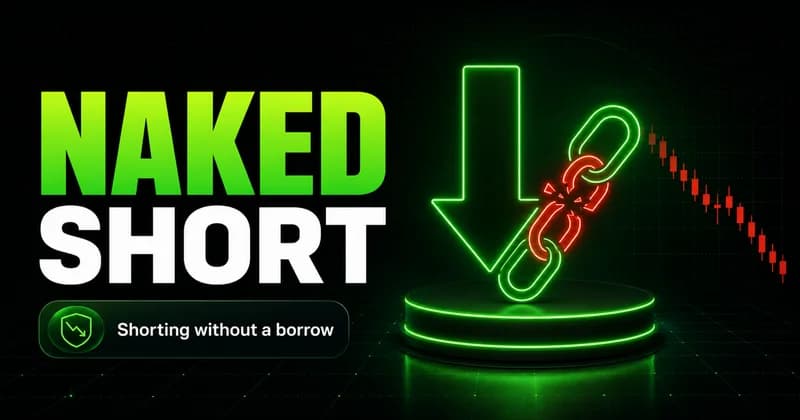 Neon down arrow with a broken chain link beside a NAKED SHORT headline