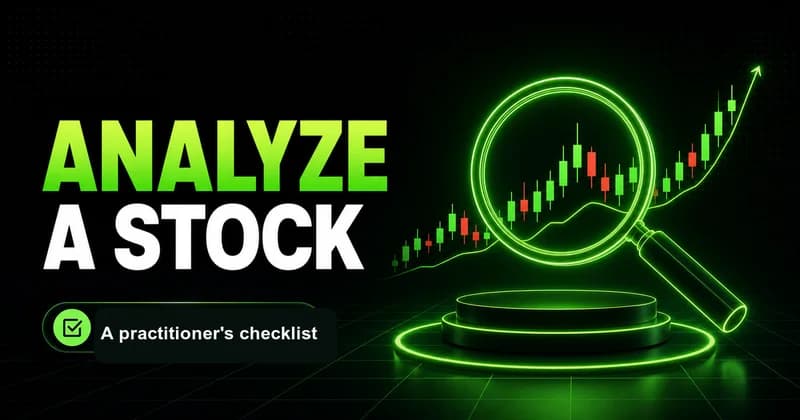 Neon magnifier over a candlestick chart beside an ANALYZE A STOCK headline