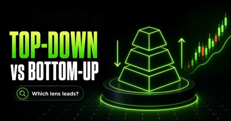 Neon three-tier pyramid with up and down arrows beside a TOP-DOWN vs BOTTOM-UP headline