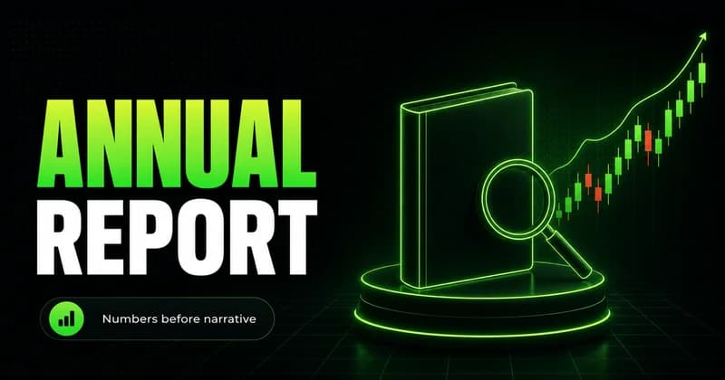Neon annual report book with a magnifier beside an ANNUAL REPORT headline