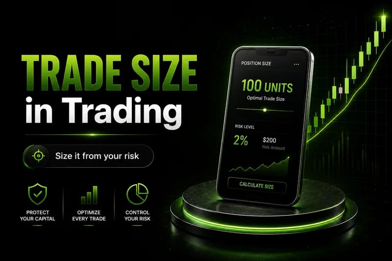 Trade size cover: phone position-size calculator showing 100 units at 2% risk, $200, on a neon green podium