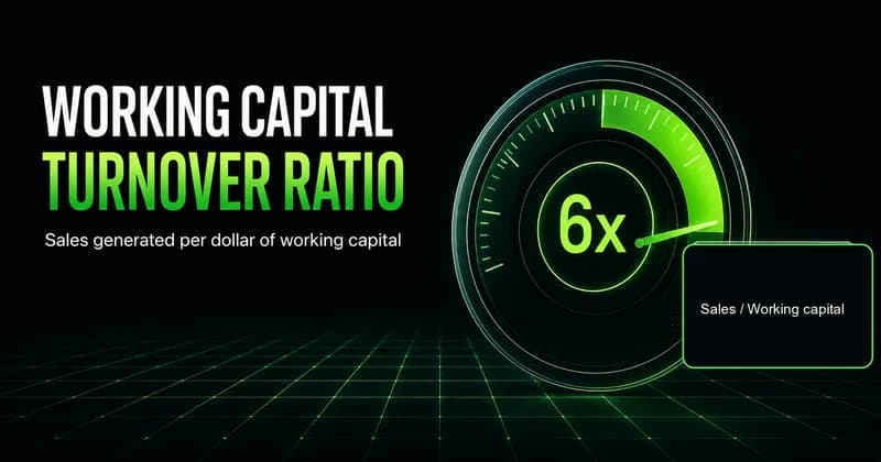 Neon headline "Working Capital Turnover Ratio" beside a gauge reading about 6x and a "Sales / Working capital" formula chip, captioned "Sales generated per dollar of working capital."