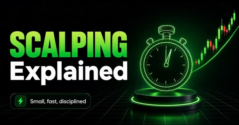 Neon "SCALPING Explained" cover with a glowing stopwatch and a rising green trading chart