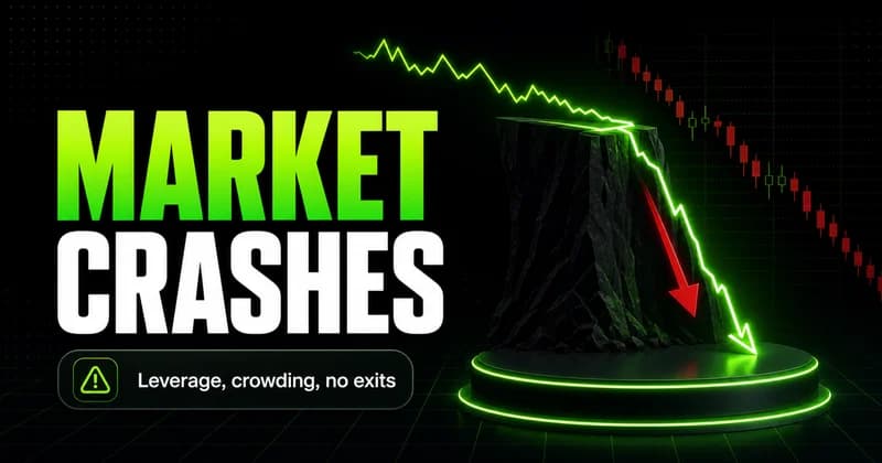 Neon price line plunging off a cliff with a red arrow beside a MARKET CRASHES headline