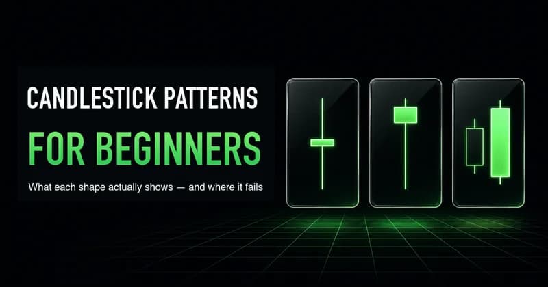 Neon headline "Candlestick Patterns for Beginners" beside a starter set of neon candle shapes on glass tiles, captioned "What each shape actually shows — and where it fails."