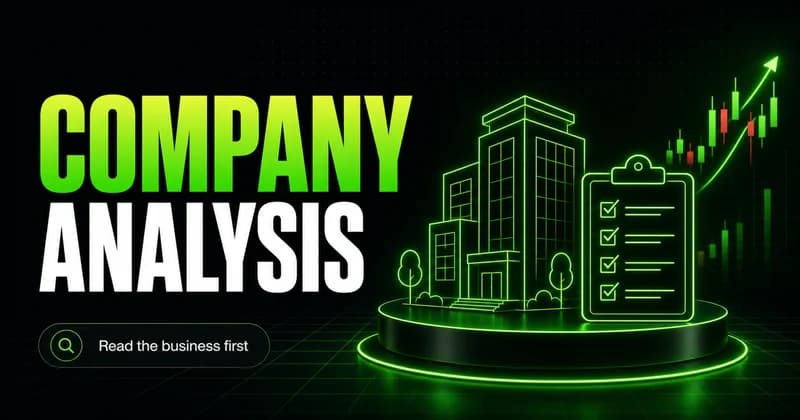 Neon company building with a checklist beside a COMPANY ANALYSIS headline