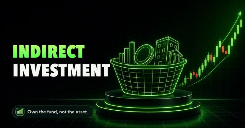 Neon basket holding asset icons beside an INDIRECT INVESTMENT headline