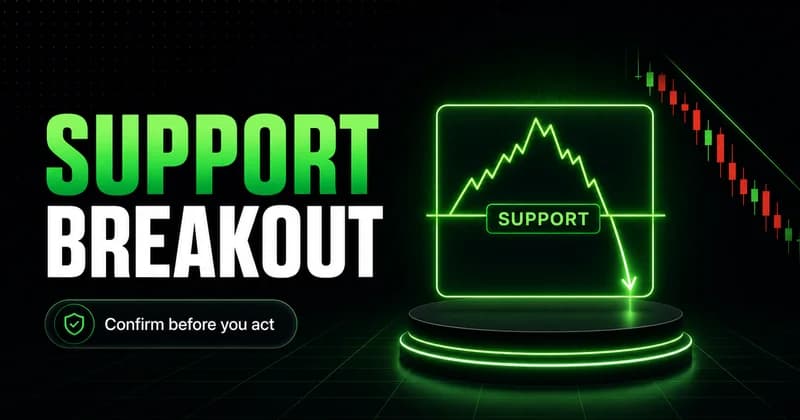 Neon "Support Breakout" title beside a line chart breaking down through a SUPPORT level with a falling arrow