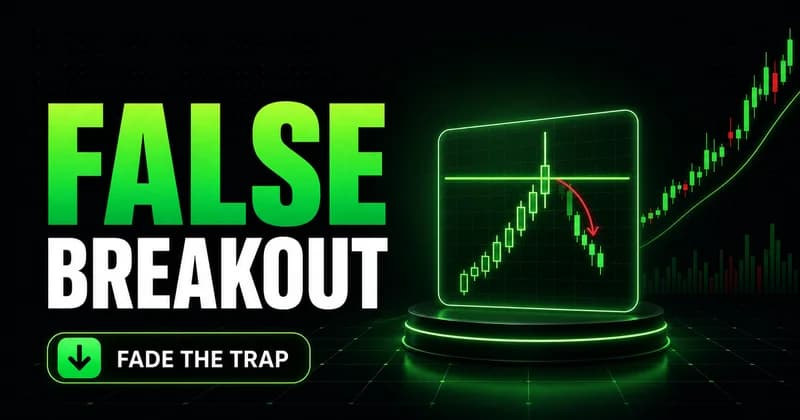 Neon false breakout trading strategy cover: a chart wick rejected at a level with a downward fade arrow