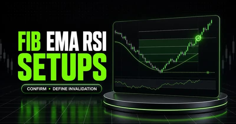Fibonacci trading setups with EMA and RSI confirmation on a neon chart dashboard