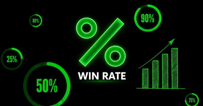Laptop showing stock charts and a notepad used to track win rate in trading