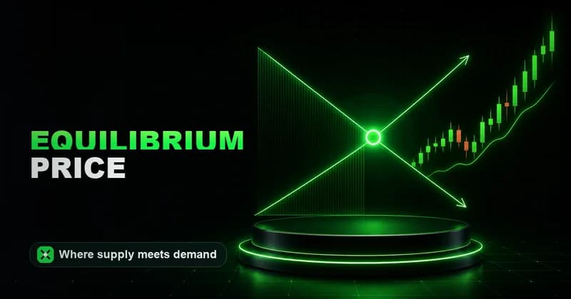 Neon supply and demand cross with a highlighted intersection beside an EQUILIBRIUM PRICE headline
