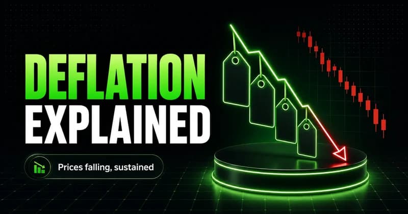 Neon downward arrow through falling price tags beside a DEFLATION EXPLAINED headline