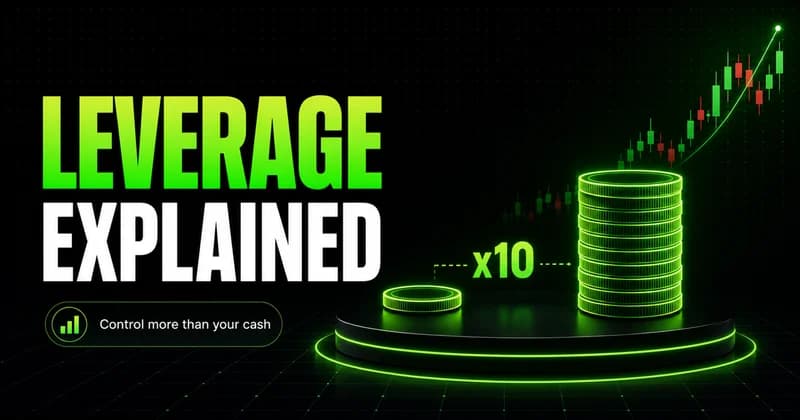 Neon coin multiplying into a stack at x10 beside a LEVERAGE EXPLAINED headline