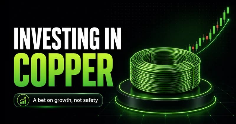 Neon coiled copper wire spool beside an INVESTING IN COPPER headline