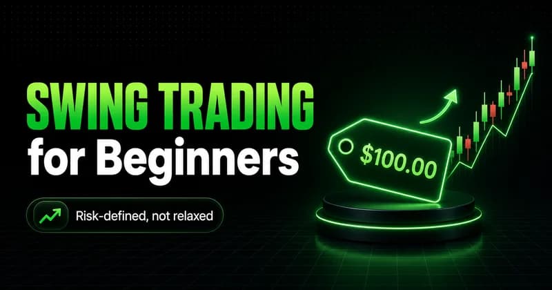 Neon swing trading strategy cover with a glowing price tag reading 100.00 and a rising green candlestick chart