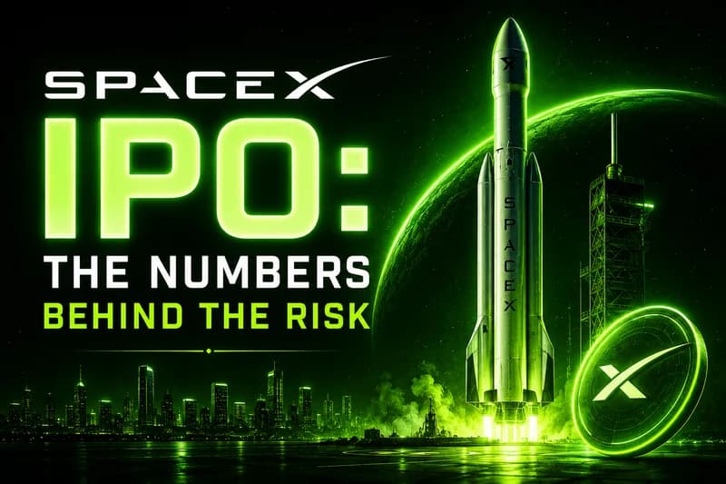 SpaceX IPO cover with neon green rocket launch and headline about numbers behind the risk