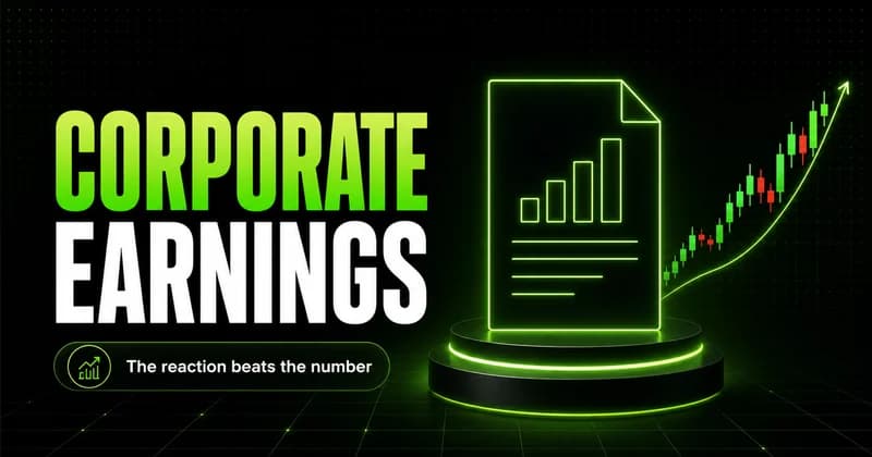Neon quarterly earnings report with a bar chart beside a CORPORATE EARNINGS headline