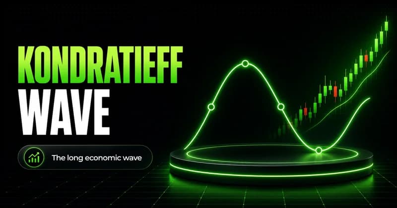 Neon long sine wave with four phase markers beside a KONDRATIEFF WAVE headline