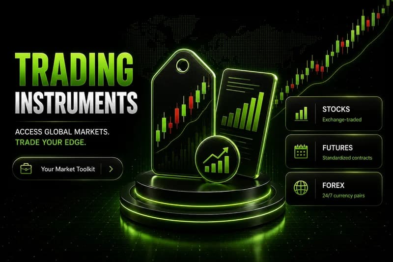 Trading Instruments hero with candlestick chart, price tag, phone, and a STOCKS, FUTURES, FOREX panel.
