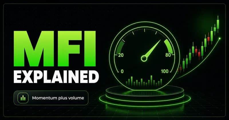 Neon 0-to-100 oscillator meter with volume bars beside an MFI EXPLAINED headline
