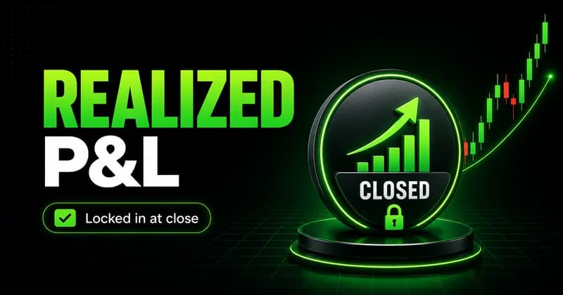"REALIZED P&L" title beside a glowing CLOSED emblem with a padlock and rising green chart, marked "Locked in at close"