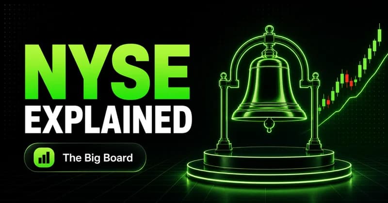Neon ceremonial opening bell beside an NYSE EXPLAINED headline
