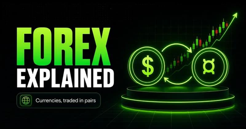 Neon pair of currency coins with an exchange arrow beside a FOREX EXPLAINED headline
