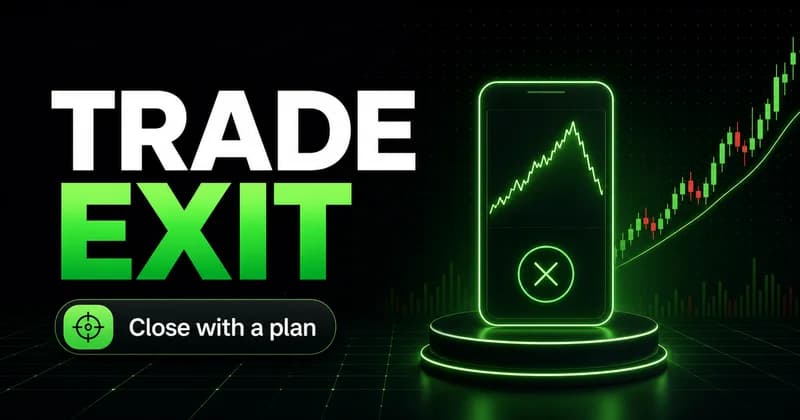 Trade Exit cover with neon phone showing a falling chart and X, beside a "Close with a plan" button.