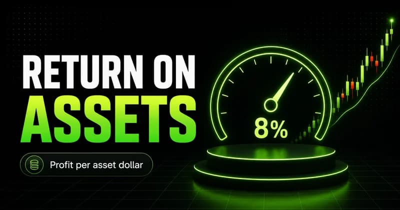 Neon percentage gauge reading 8% beside a RETURN ON ASSETS headline