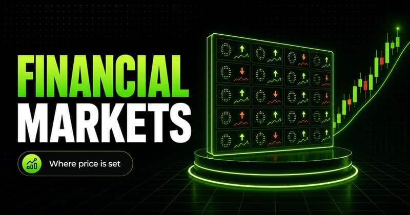 Neon exchange display board beside a FINANCIAL MARKETS headline