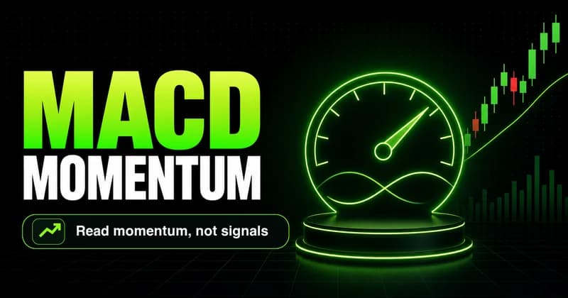 MACD trading strategy cover with a neon momentum gauge, signal-line cross, and green candlestick chart on a dark dashboard