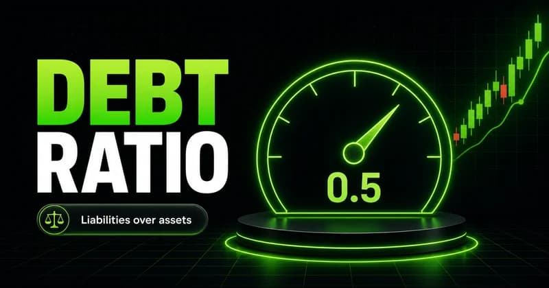 Neon gauge reading 0.5 beside a DEBT RATIO headline