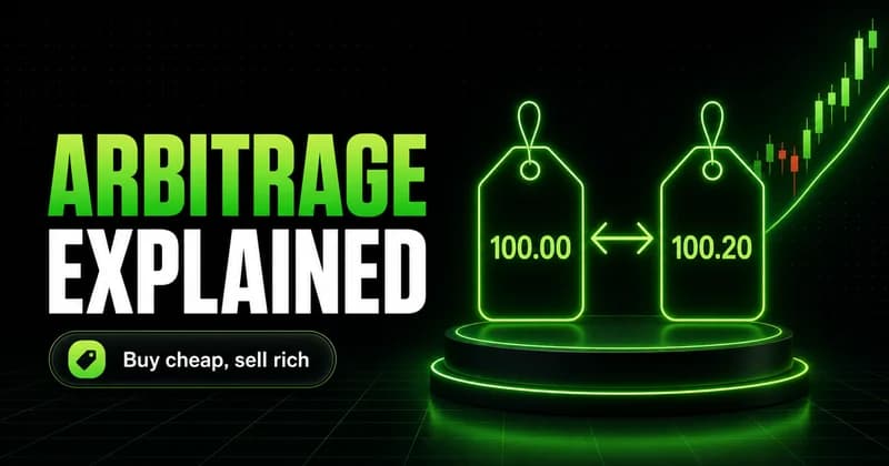 Neon two price tags with a gap arrow beside an ARBITRAGE EXPLAINED headline