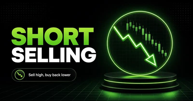 Neon downward price chart with a falling arrow beside a SHORT SELLING headline