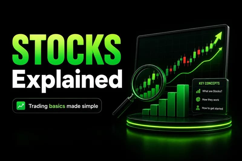 "Stocks Explained" cover with neon-green rising candlestick chart and a Key Concepts panel on a 3D monitor