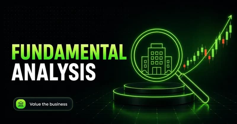 Neon magnifier over a company building beside a FUNDAMENTAL ANALYSIS headline