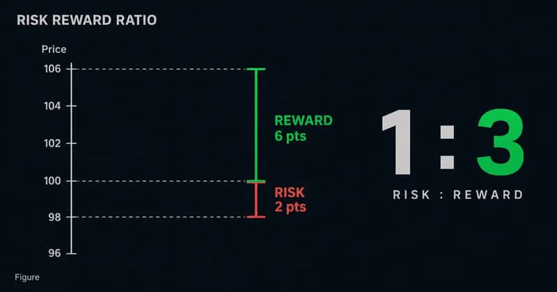 Figure showing a 1 to 3 risk reward ratio with a small risk leg and a reward leg three times its size