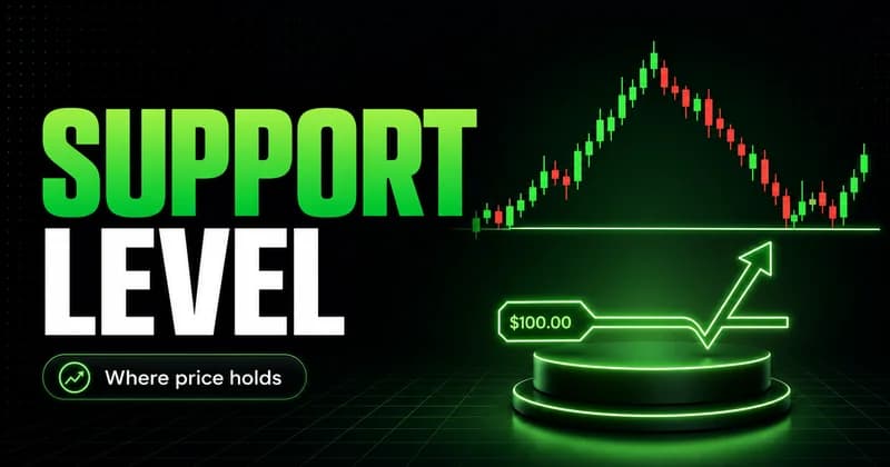 Neon "Support Level" cover: candlestick chart over a dashed support line and a glowing $100 pedestal with an up arrow