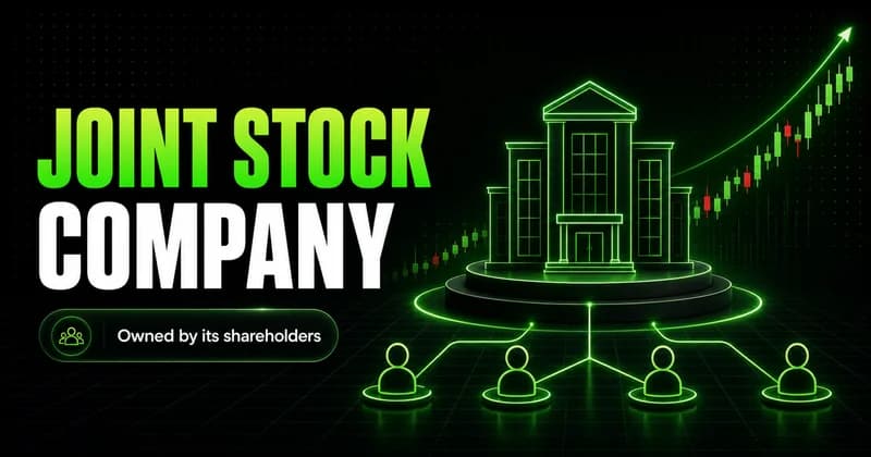 Neon company building linked to shareholder icons beside a JOINT STOCK COMPANY headline