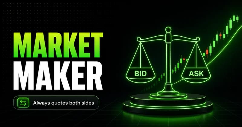 Neon balance scale weighing bid against ask beside a MARKET MAKER headline