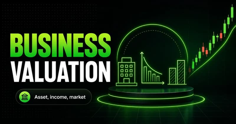 Neon trio of asset, income and market icons beside a BUSINESS VALUATION headline