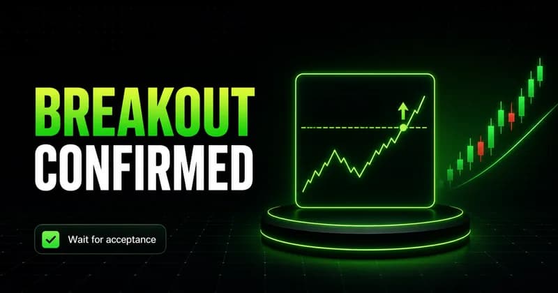 Neon "Breakout Confirmed" hero: line chart breaking a dashed resistance level with a "Wait for acceptance" badge