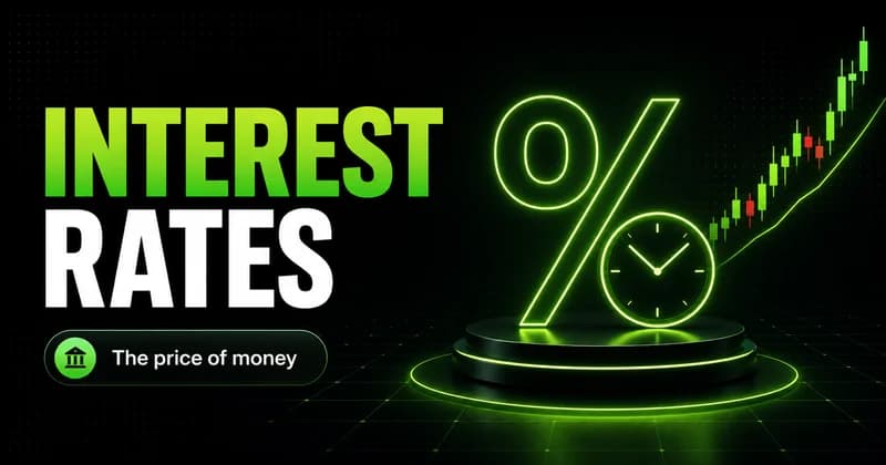 Neon percent symbol with a clock beside an INTEREST RATES headline
