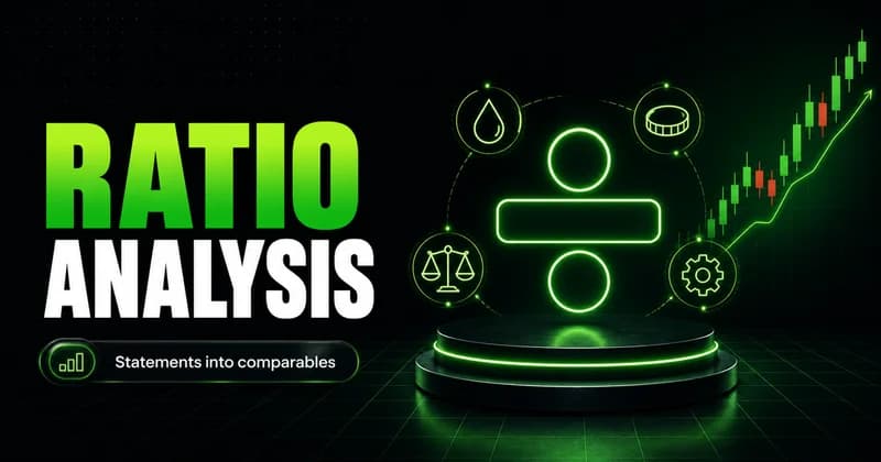 Neon division symbol ringed by ratio-category icons beside a RATIO ANALYSIS headline