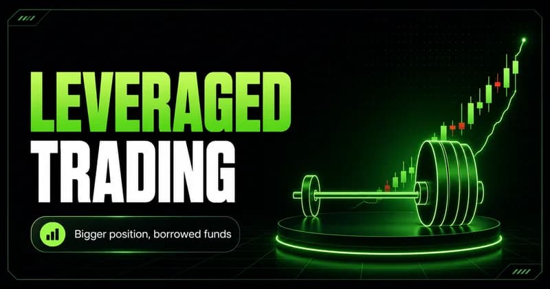 Neon barbell and amplified candlestick beside a LEVERAGED TRADING headline