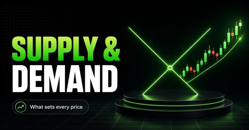 Neon crossing supply and demand curves beside a SUPPLY & DEMAND headline