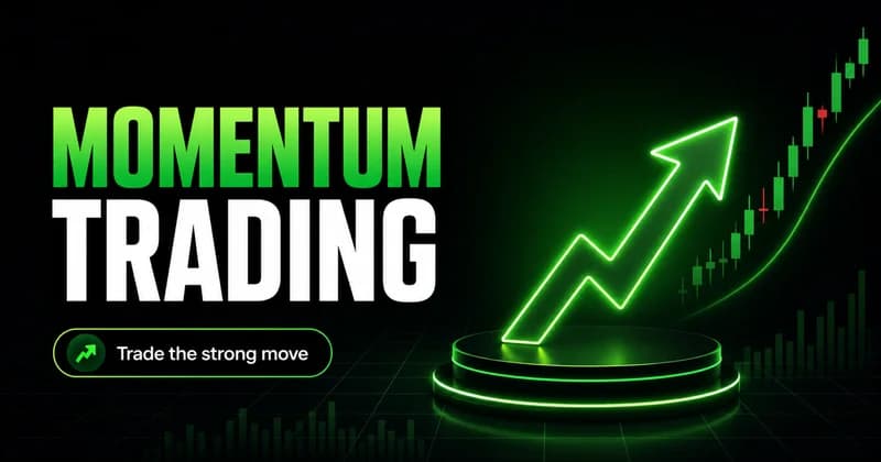 Momentum trading cover with a glowing green upward arrow rising over candlesticks on a dark trading dashboard